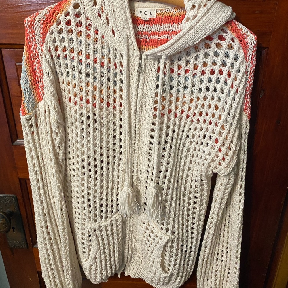 POL open knit zip up sweater with hood
